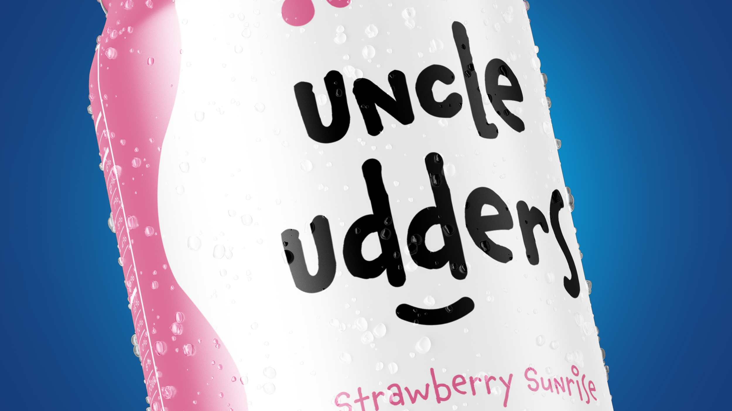 A pink and white beverage carton with droplets of condensation, labeled 'Uncle Udder' and 'Strawberry Sunrise'.