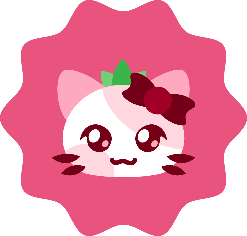 Cute cartoon character resembling a white cat with pink ears and cheeks, large shiny eyes, a small smiling mouth, and a red bow on its head, set against a pink background.