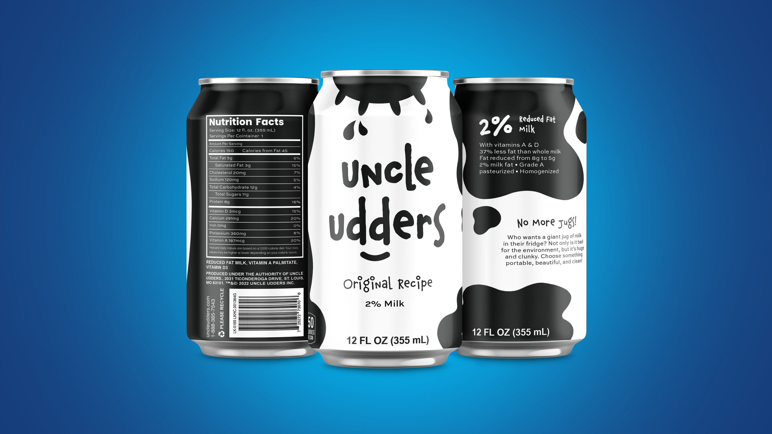 Three cans of Uncle Udders reduced fat milk with black, white, and gray designs on a blue background.
