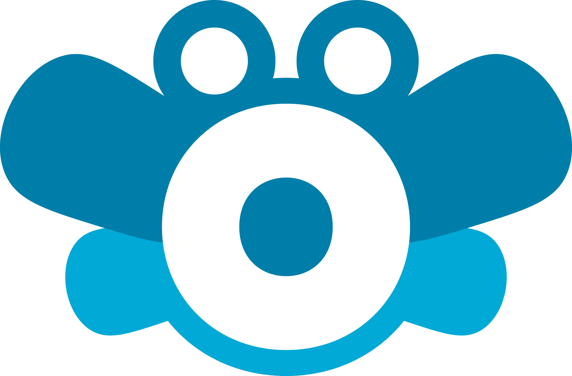 A stylized blue, white, and dark blue cartoon representation of a bee with wings and antennae.