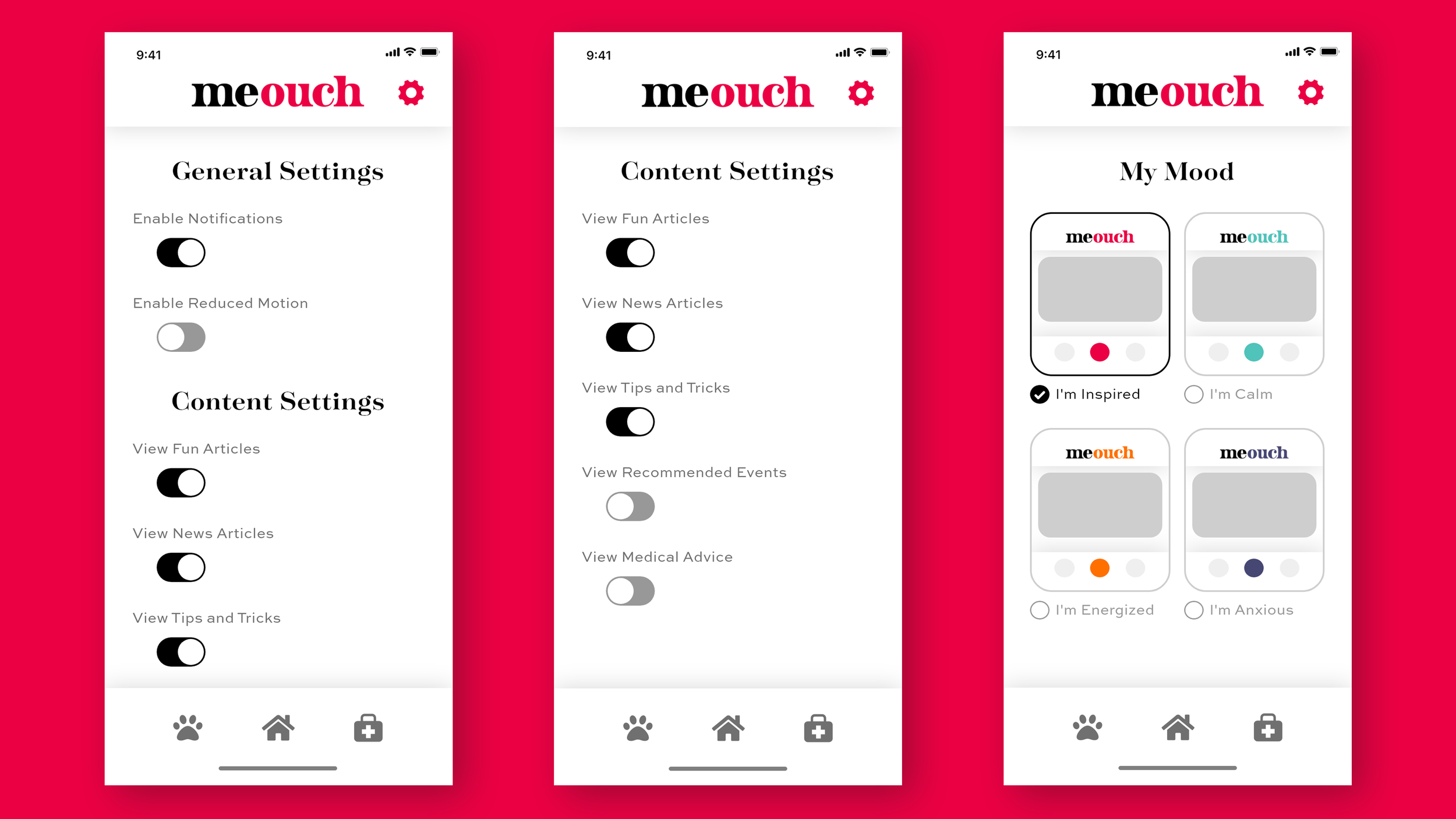 Screenshots of an app called 'meouch' displaying different settings screens and mood selection options. The first screen shows general and content settings with toggles. The second screen is a detailed content settings page with additional toggles. The third screen displays four mood options, each with a different color theme and labels, including 'I'm Inspired' and 'I'm Calm'.