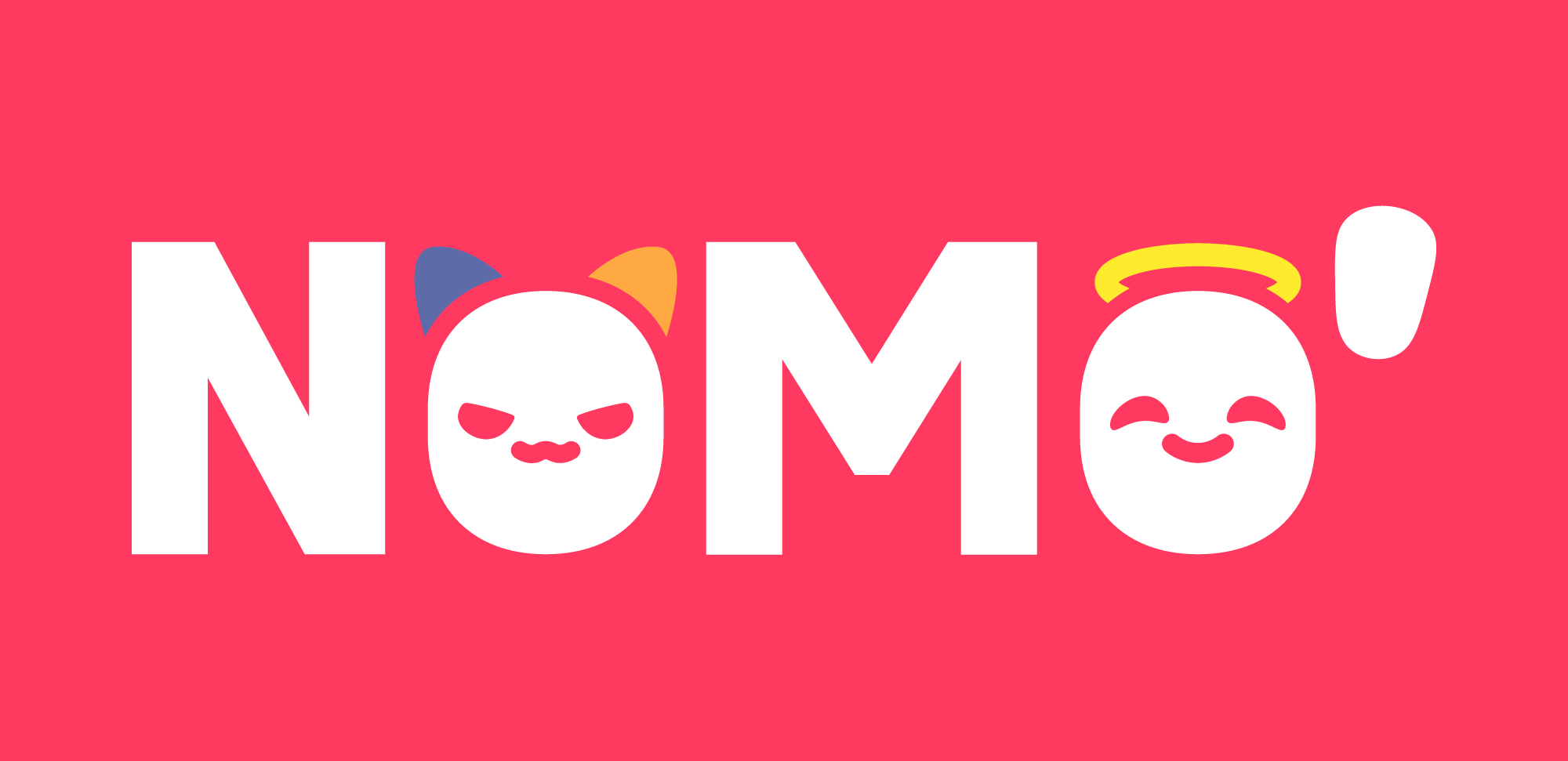 Pink background with the word "NOMO'" as a cute white logo.