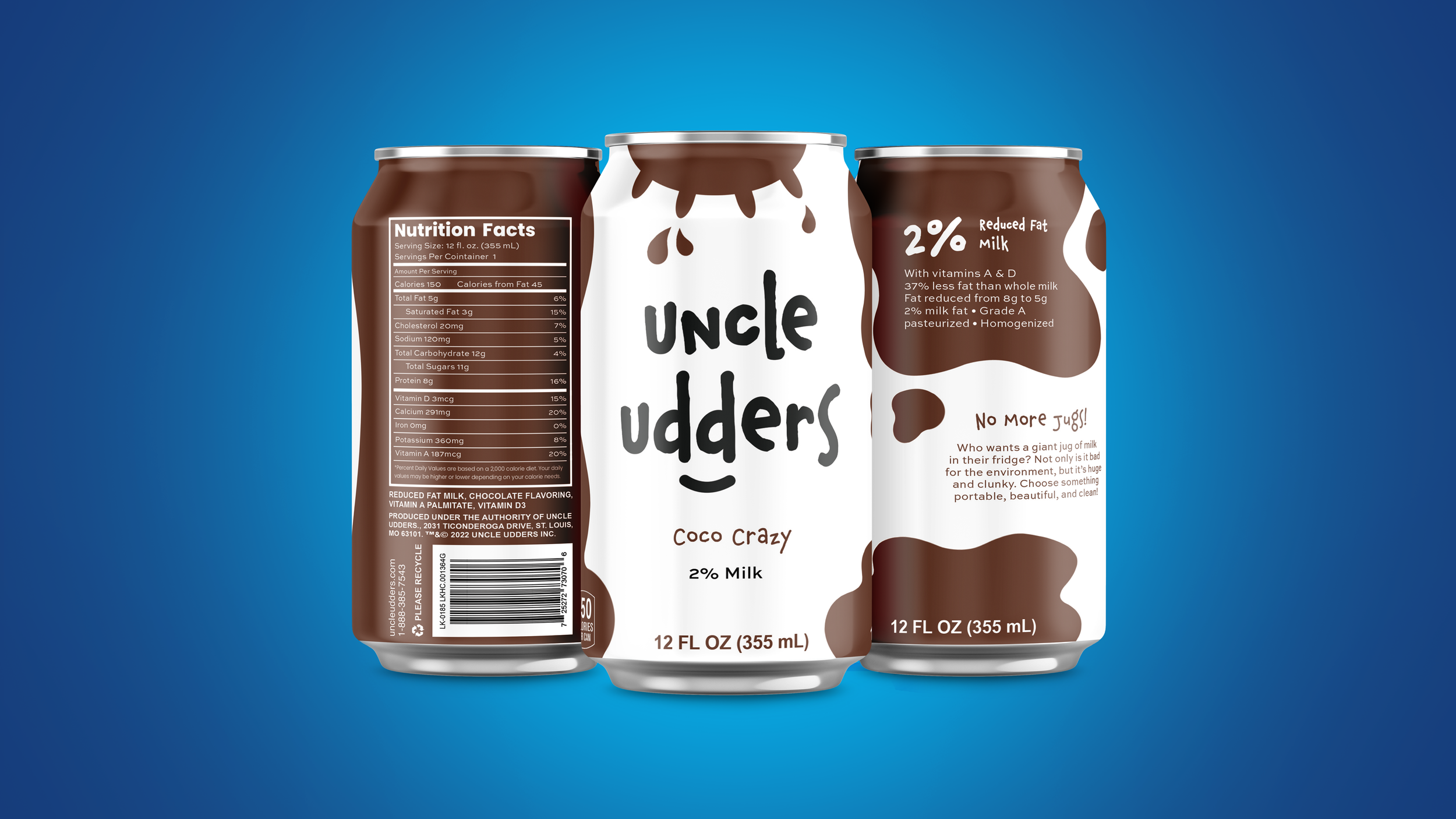 Three cans of Uncle Udders coconut-flavored milk, with the center can labeled "Coco crazy" and the other two featuring nutritional information and design elements. The cans are against a blue background.