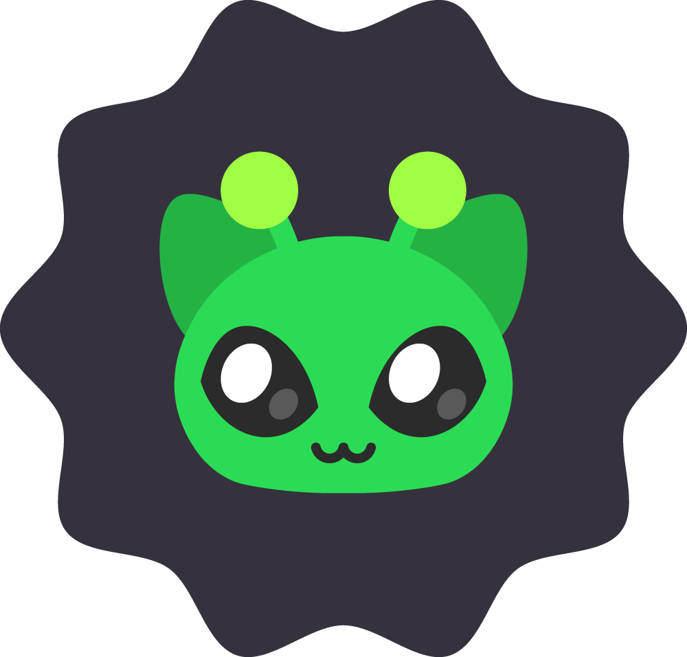 A cartoon-style green cute bug with big eyes, antennae, and a small smile, on a black background.