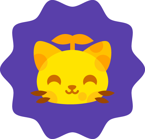 Cartoon cat with a butterfly on its head, set against a purple background.