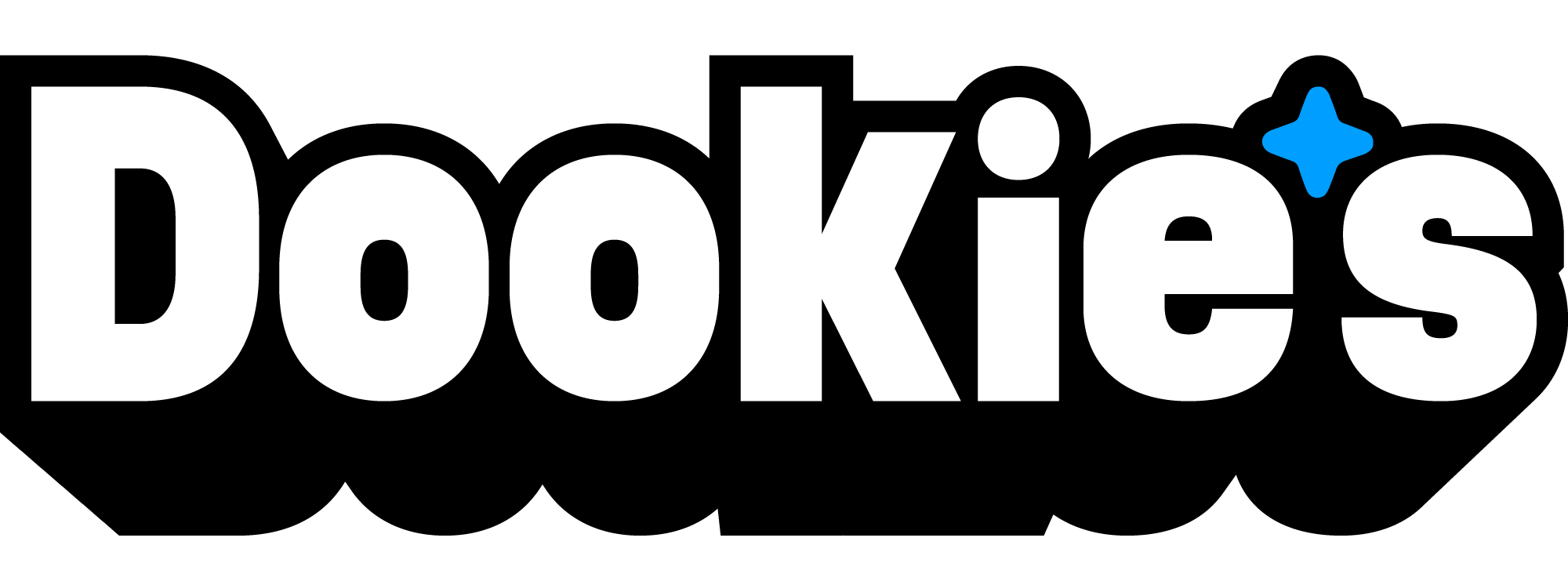 Logo for Dookie's with white text on a black background and a blue star in the upper right corner.