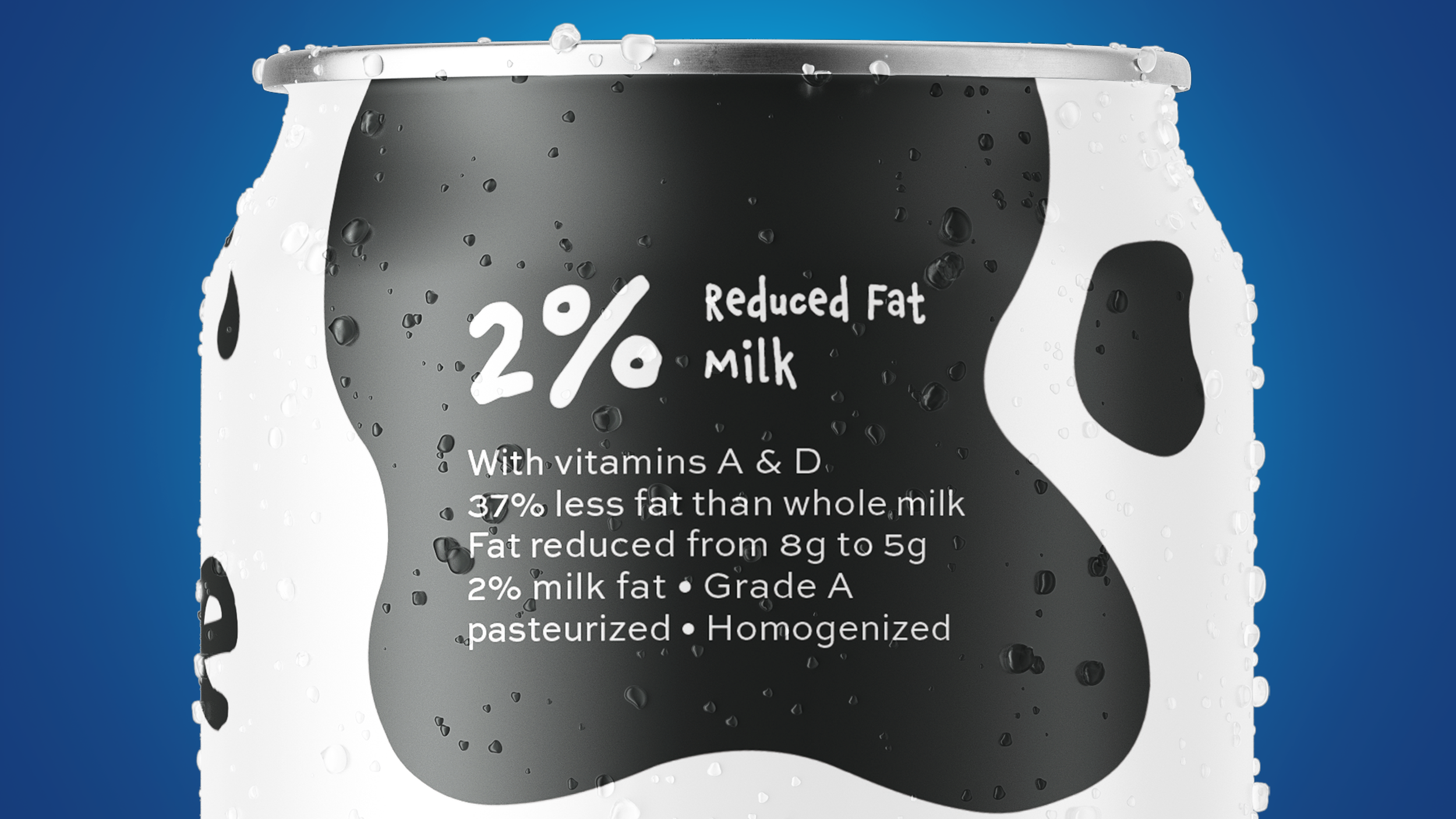 Milk carton with cow print design, water droplets, and text highlighting 2% reduced fat milk, vitamins A and D, less fat than whole milk, pasteurized, and homogenized.