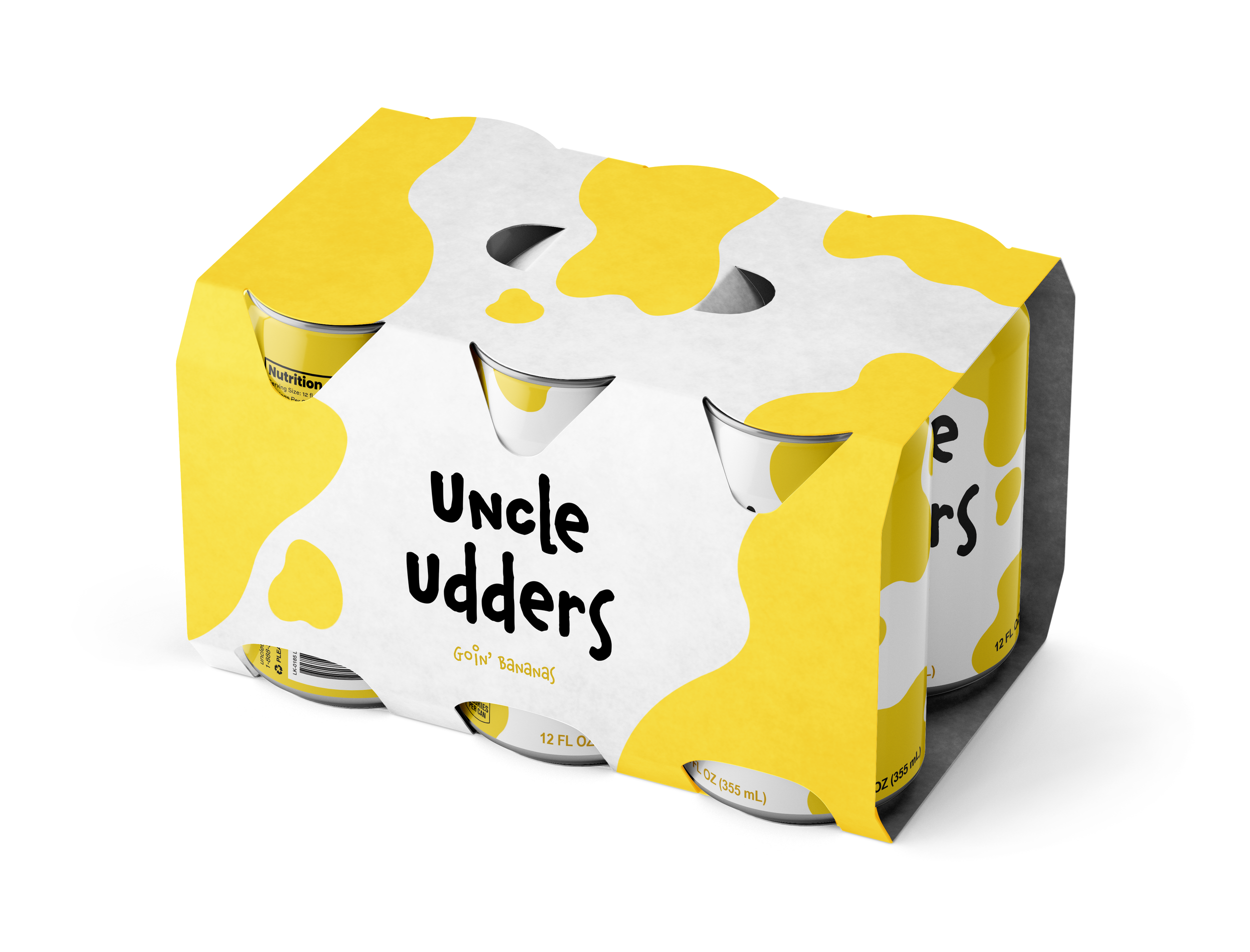 Four cans of Uncle Udder's Goin' Bananas flavored ice cream in a yellow and white cow-patterned pack.