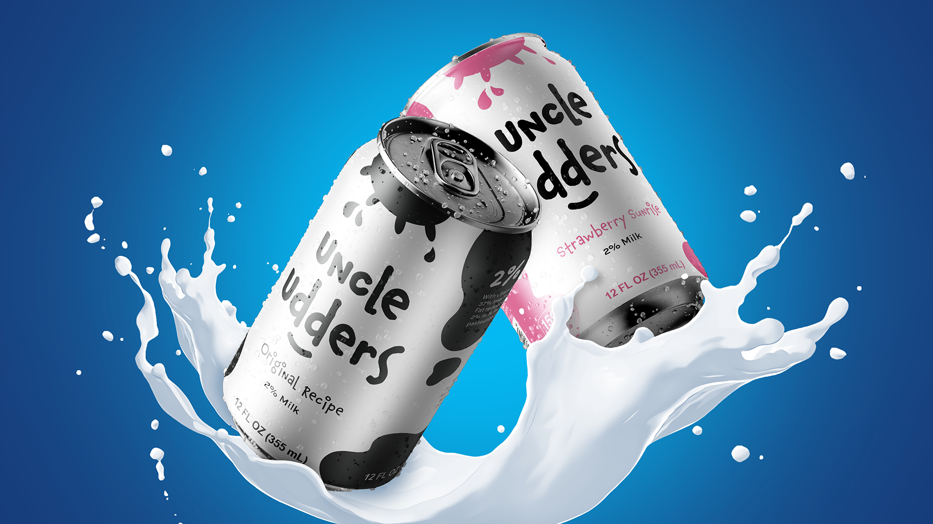 Two cans of strawberry sunrise Uncleuders milk with splash of milk around them against a blue background.