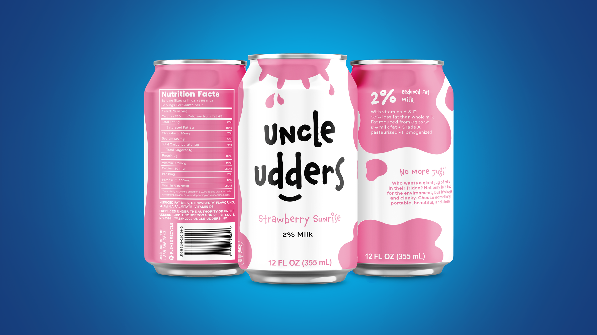 Three cans of Uncle Udders strawberry milk, with the center can displaying the brand name and flavor, and the side cans showing nutritional facts and product details.
