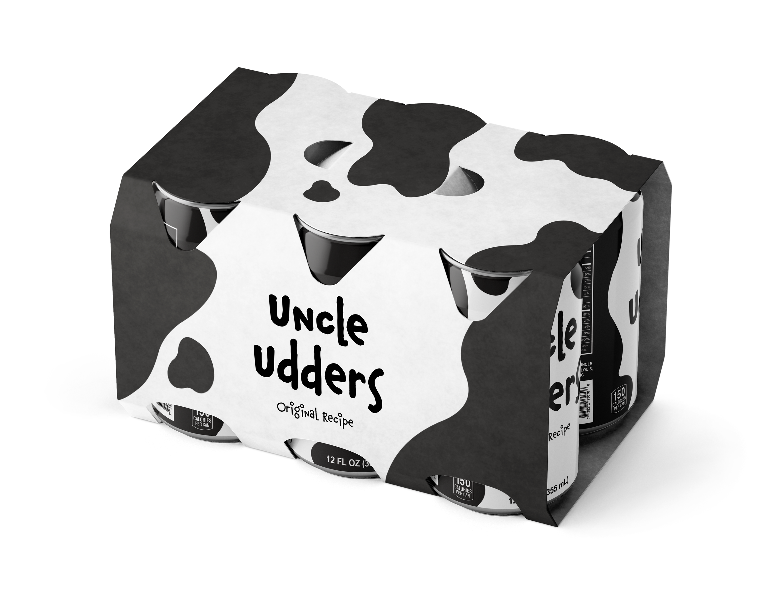 A six-pack of Uncle Udder's cow-patterned beverage cans wrapped in black and white cow print packaging.