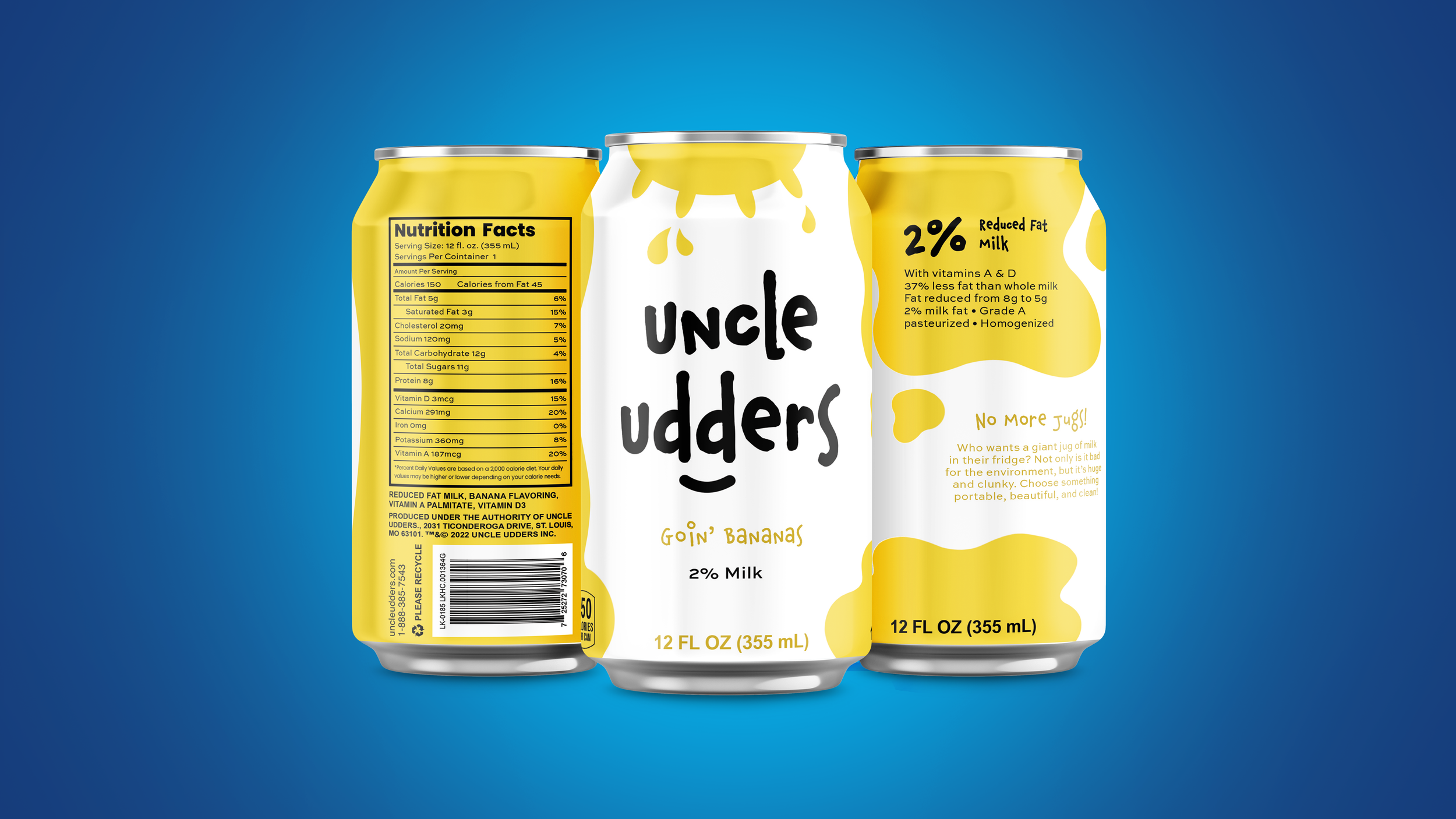 Three cans of Uncle Udders Banana flavored milk with yellow and white packaging, featuring cartoon banana illustrations, nutrition facts, and branding details.