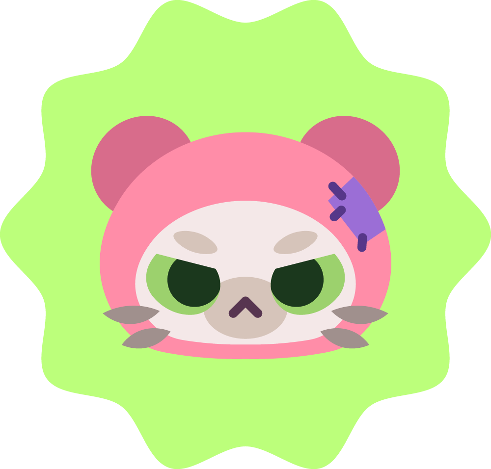 A stylized panda character wearing a pink bear hoodie with ears, a purple bandage on its head, and a green background.