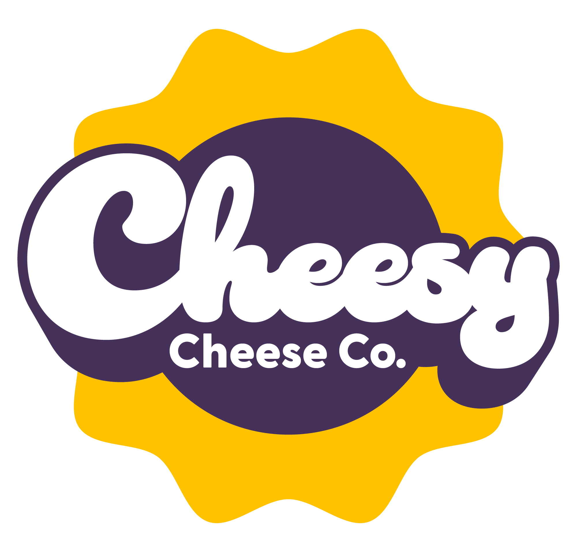 Logo for Cheesy Cheese Co. featuring stylized text and a purple circle with a yellow scalloped border.