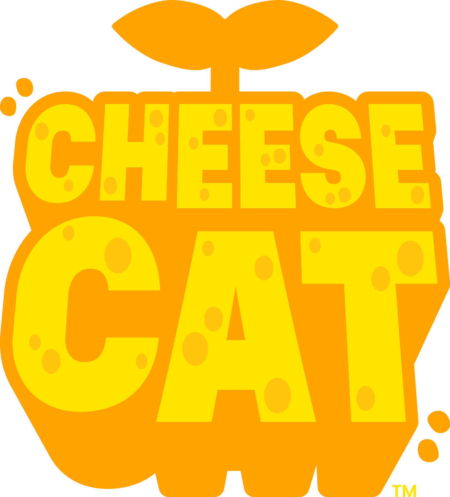 Cheese cat logo with orange background and stylized text.