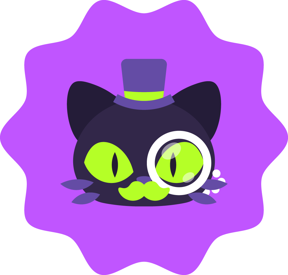 Cartoon black cat with green eyes wearing a purple top hat, with a monocle on one eye, mustache, and purple feathers around the face, set against a purple background.