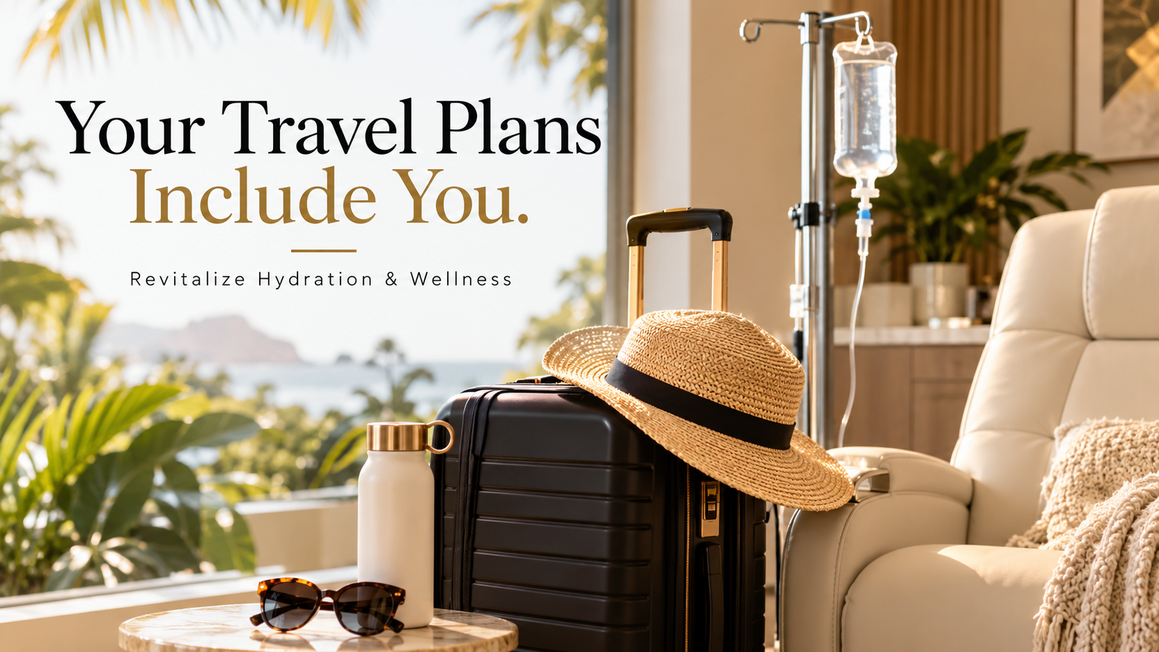 Travel essentials beside a cream wellness chair and IV fluid bag.