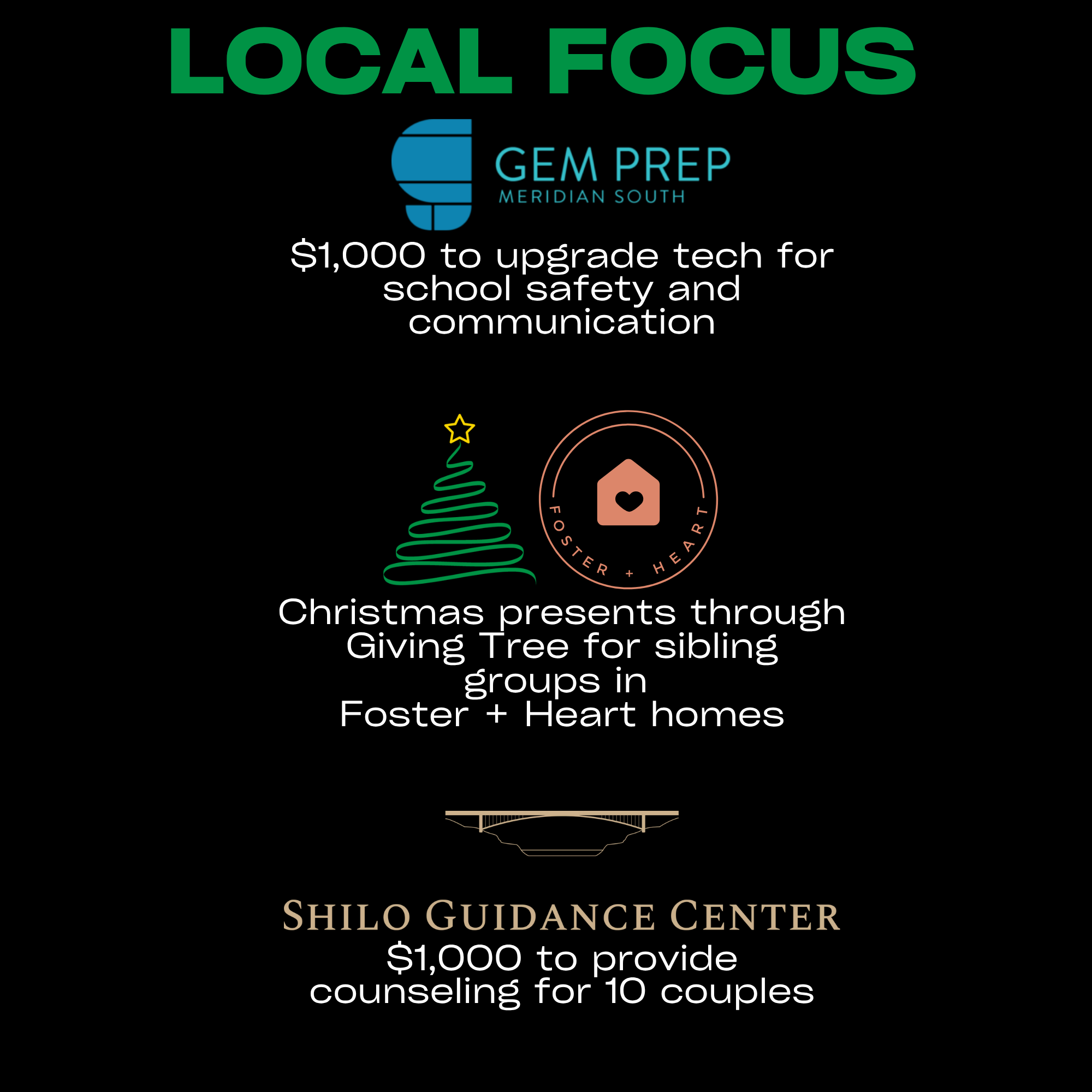 Graphic promoting a holiday event with the title "The Giving Tree," featuring a Christmas tree illustration and the logos of local partners GEM PREP Meridian South.