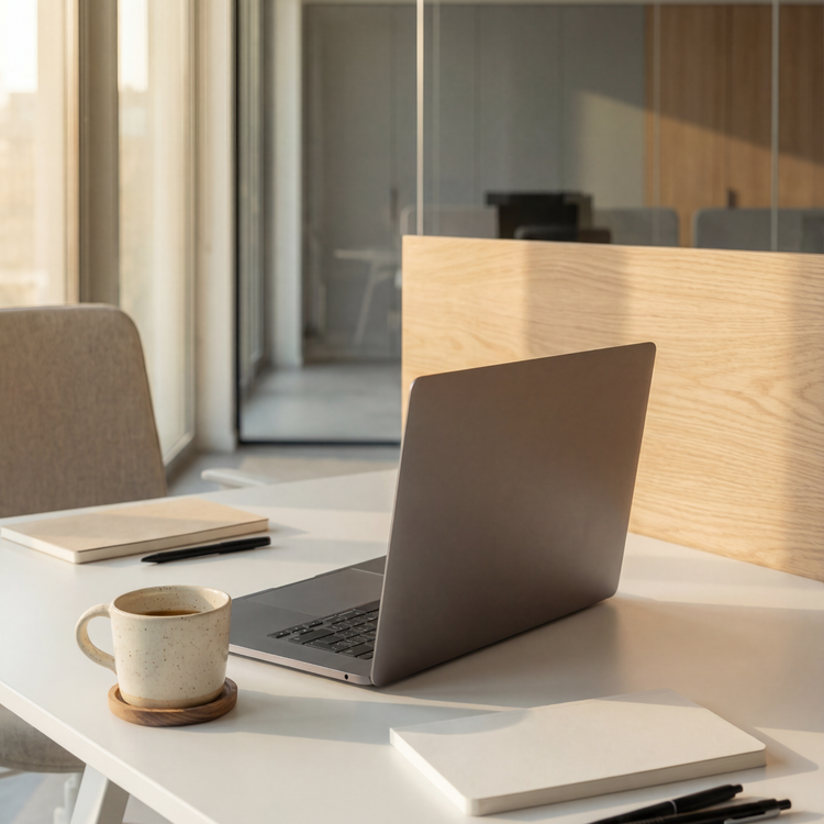 A quiet desk with a laptop in soft light
