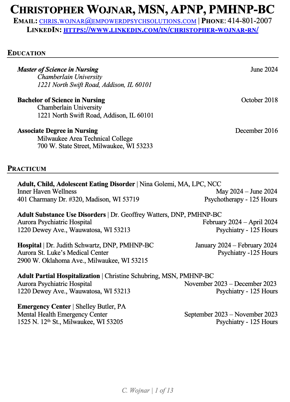 A professional resume for Christopher Wojnar, including contact information, educational background with degrees in nursing, and recent practice experience with details of jobs, locations, and durations.