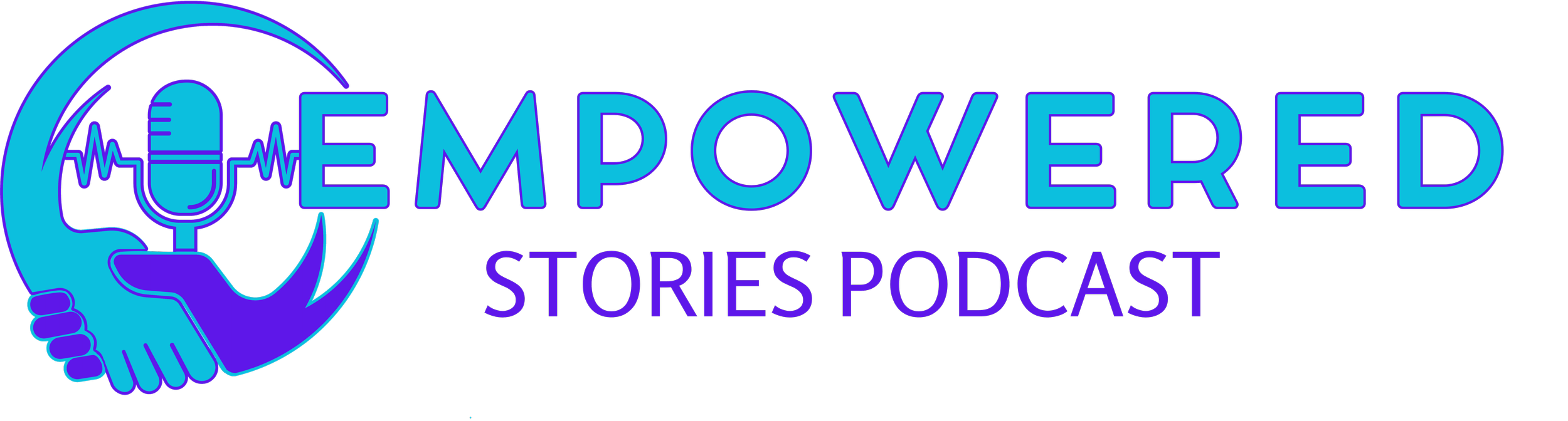 Logo for the empowerment stories podcast. It features a blue microphone with sound waves, two hands holding a circle, with the words 'Empowered Stories Podcast' in bright blue and purple text.