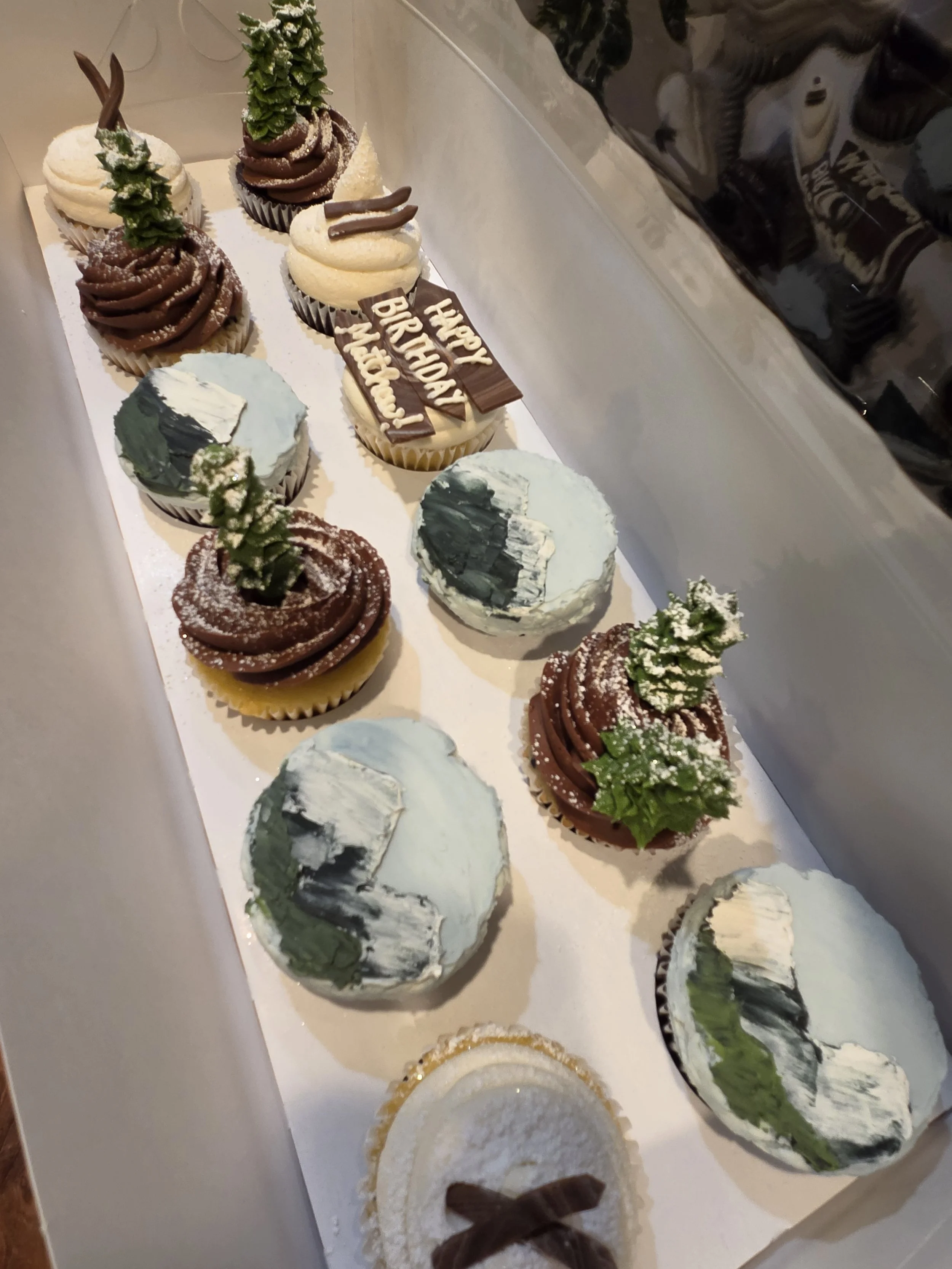 ski mountains trees cupcakes