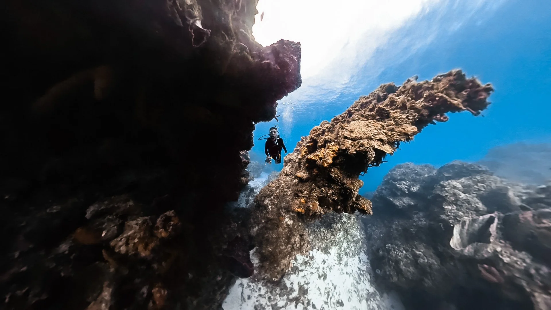 A scuba diver exploring an underwater rocky crevice with large rocks and clear blue water in the background.