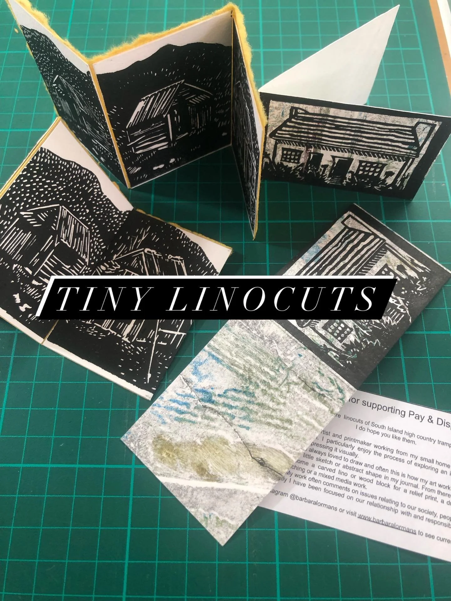 Lots of little linocuts of tramping huts and the cob cottage on the outskirts of Blenheim, the town where I&rsquo;m living. I framed one of the tiny prints using some vintage dictionary pages as a mat and then joined some huts together to make a mini