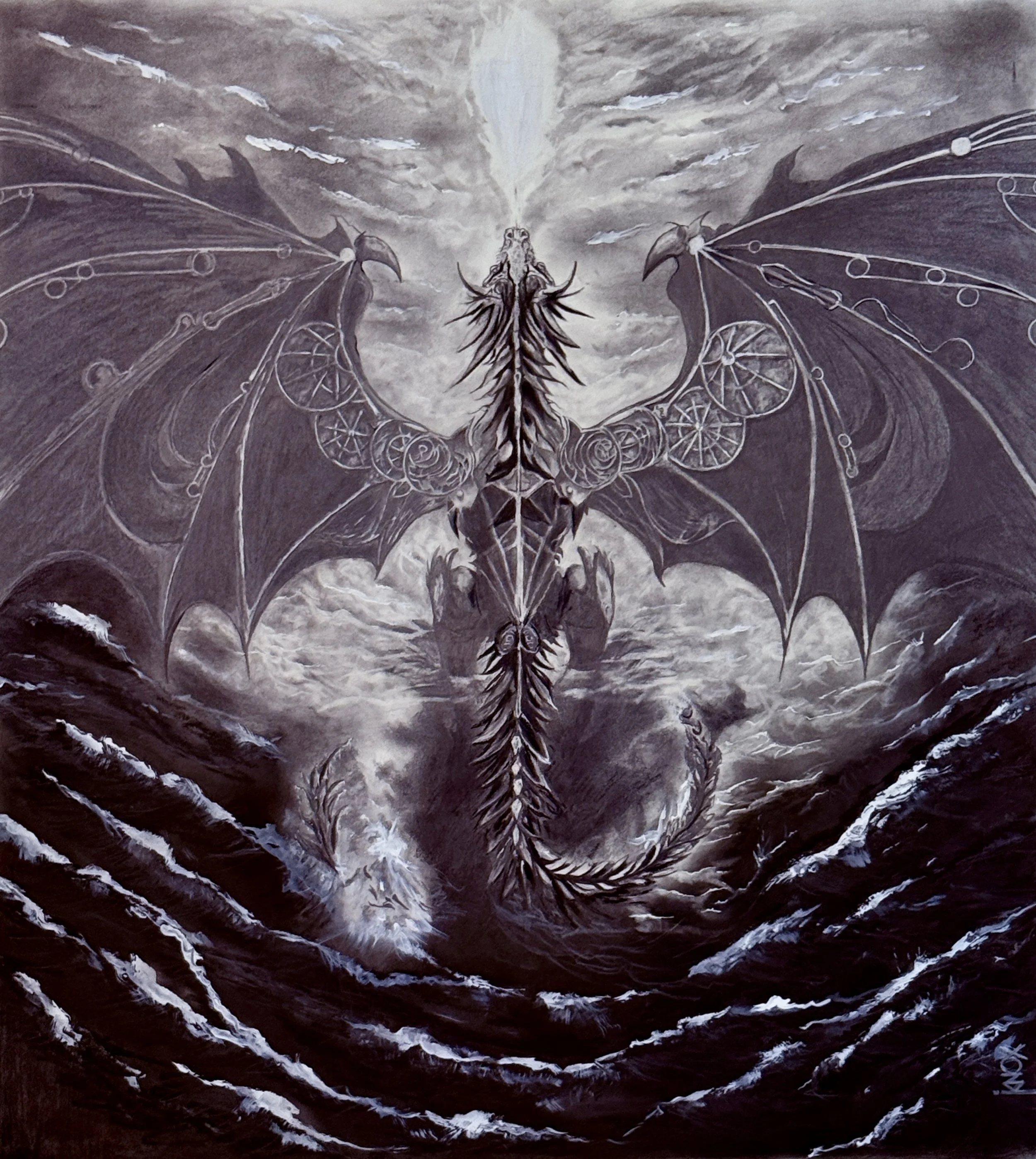 Enormous mechanical dragon with outstretched wings, articulated joints, gears, a segmented body, and mountainous scenery.