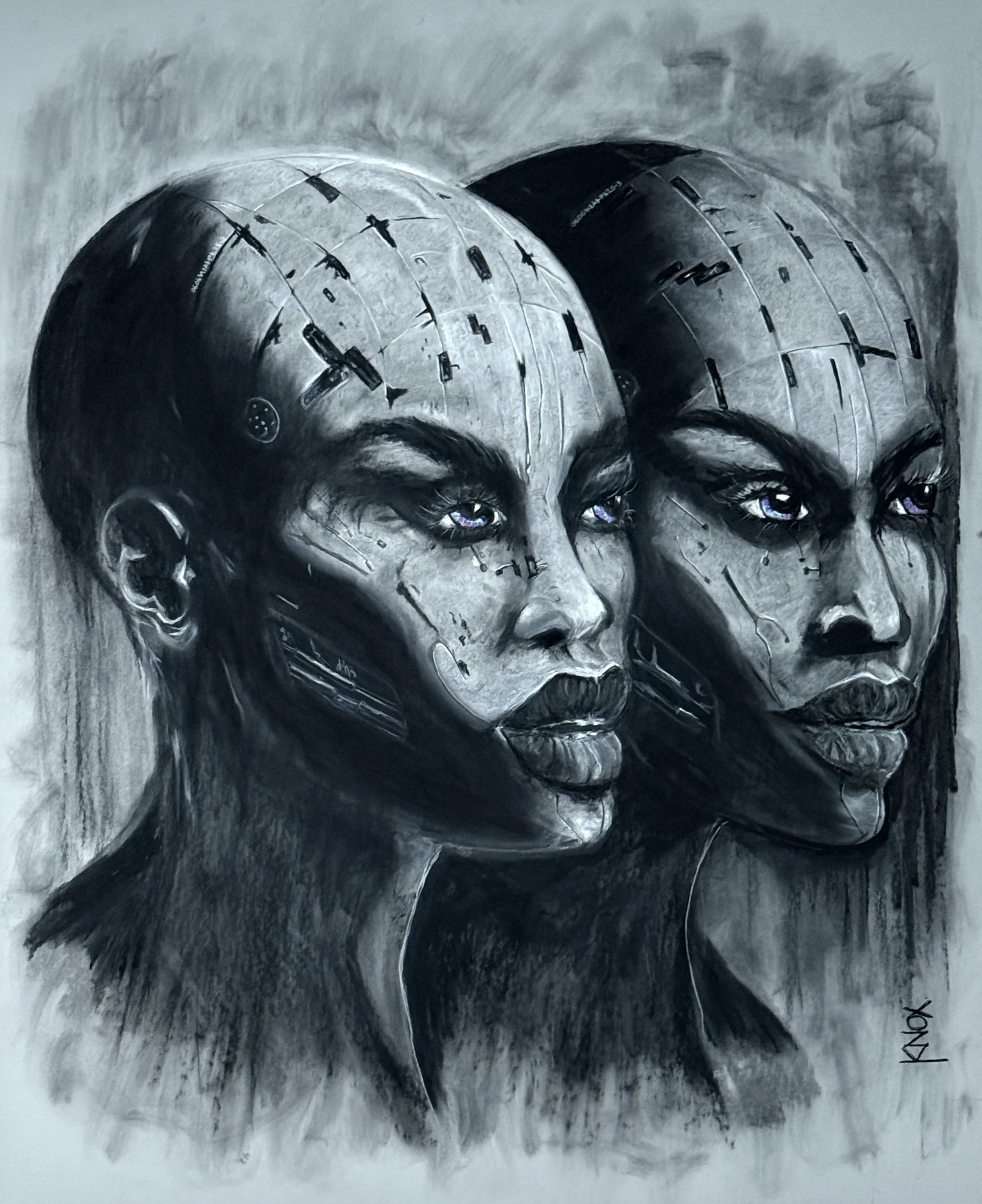 Two overlapping female android portraits with purple eyes and mechanical facial details, one illuminated and the other partly in shadow.