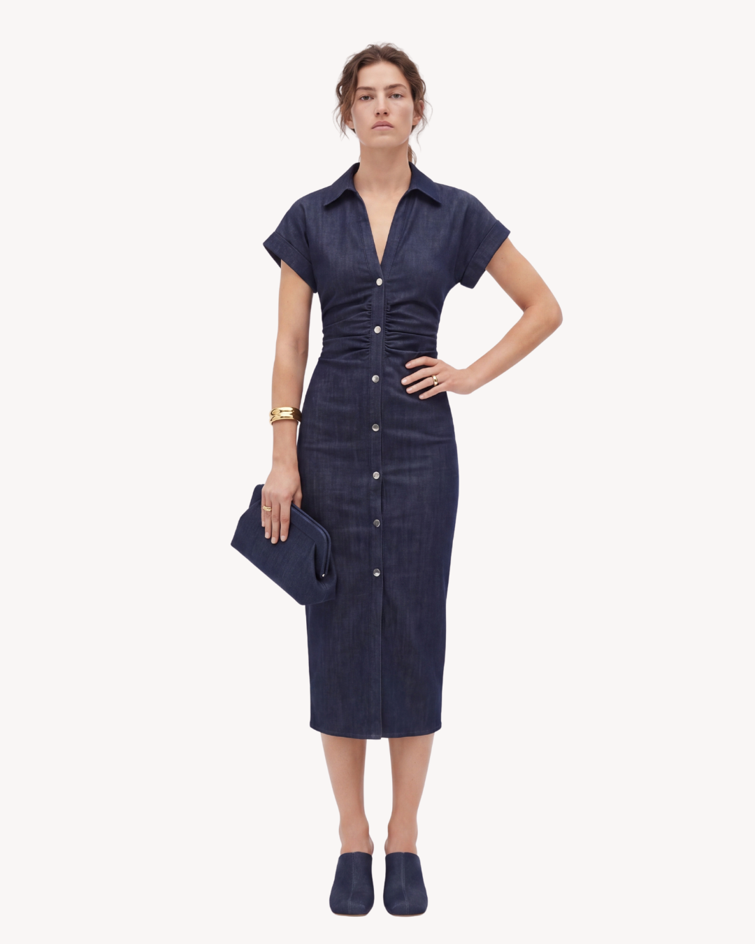 The Elara Dress - Denim midi dress with ruched waist