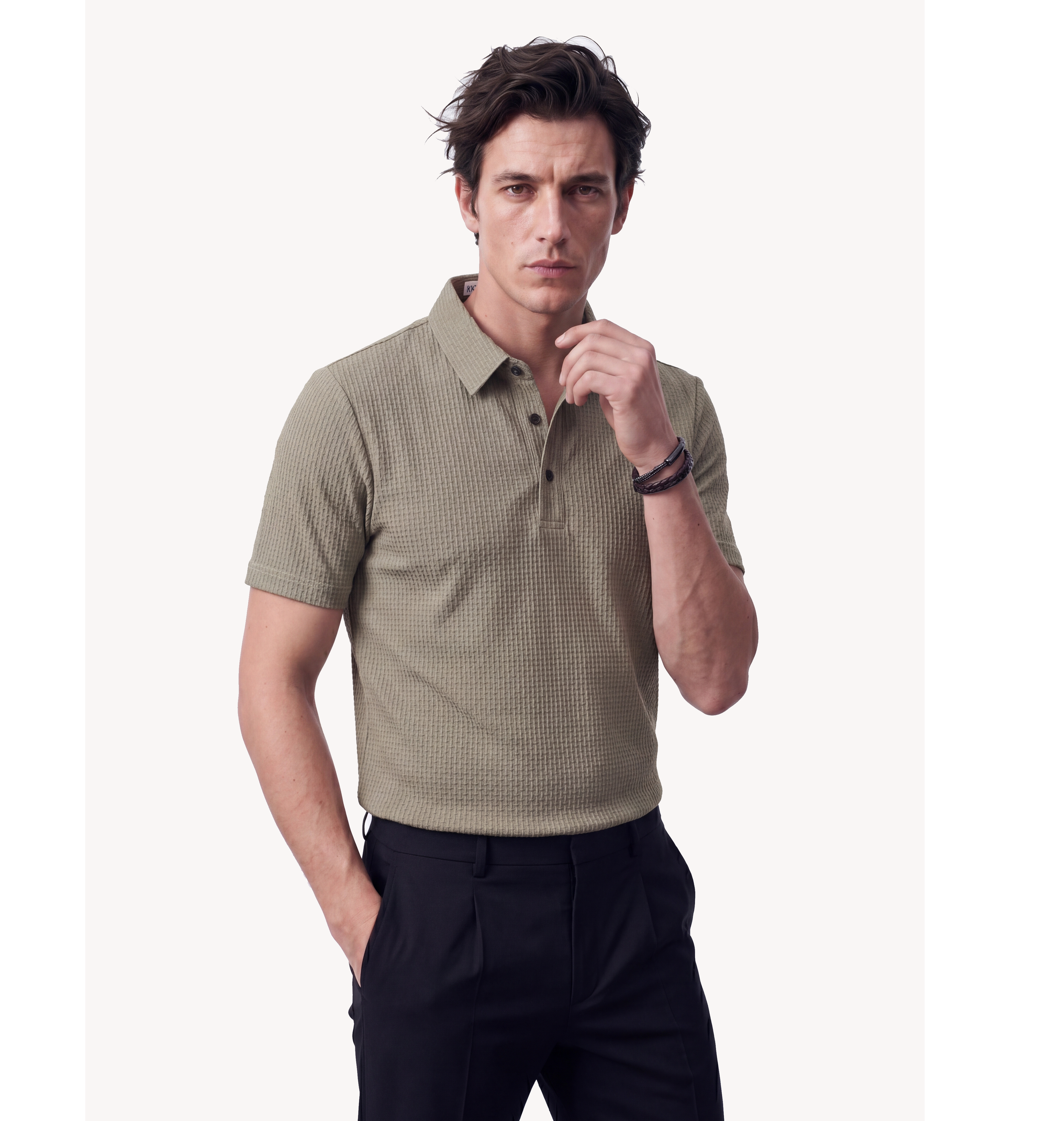 Luca Waffle Texture Polo Stone Olive