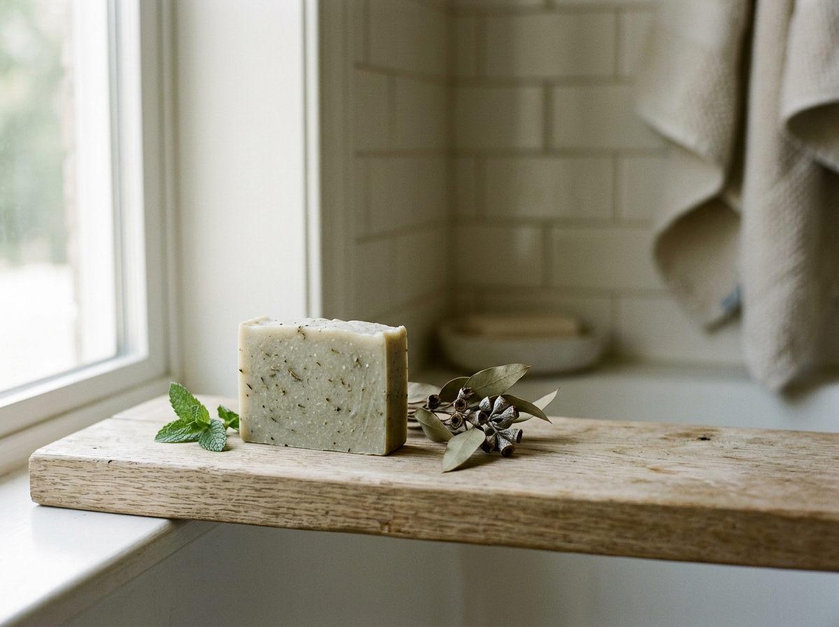 A bar of soap and some natural leaves and berries on a wooden board near a window.