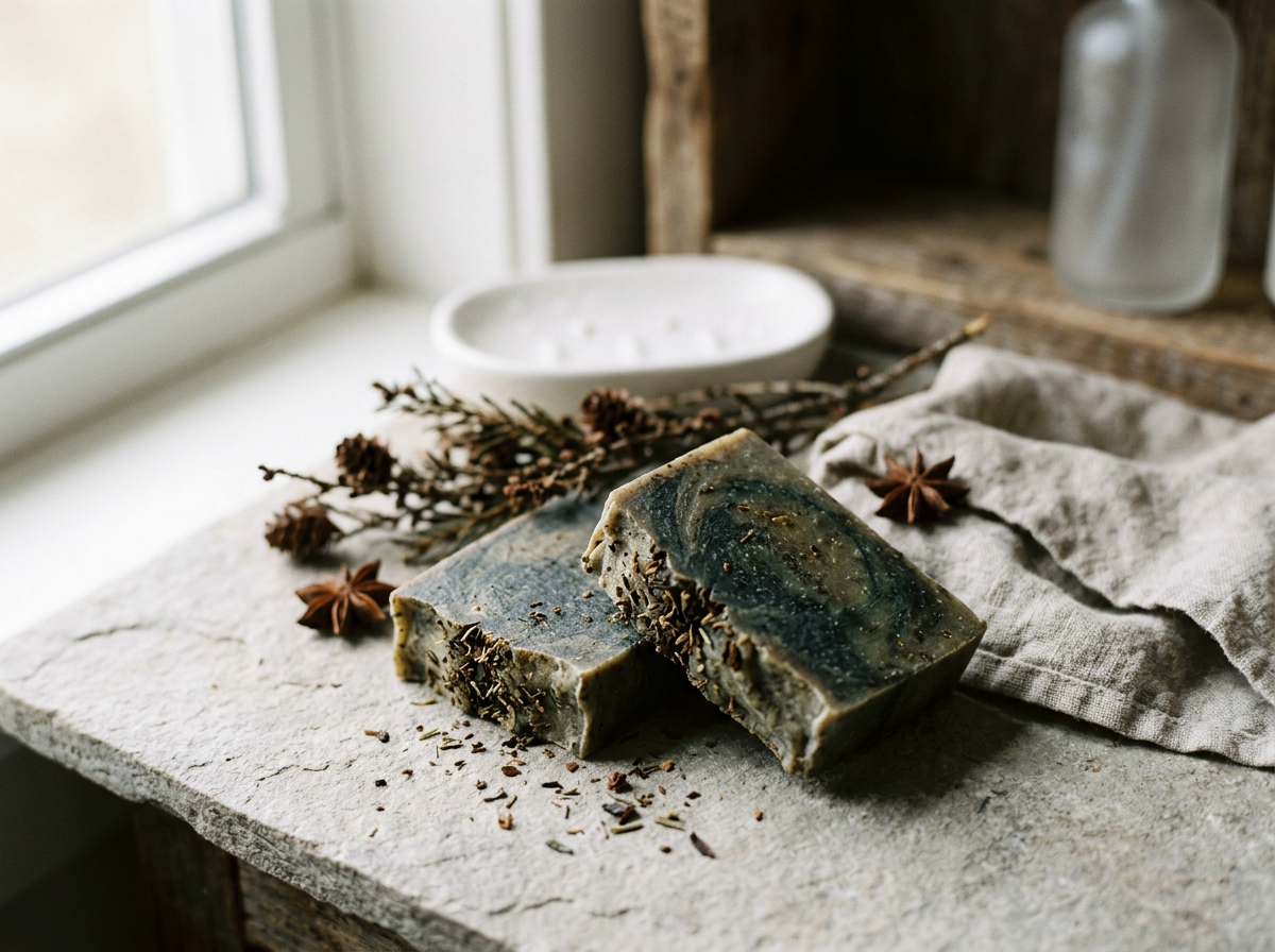Two rustic handmade soap bars with a swirling pattern, placed on a stone surface with dried herbs and star anise, near a window with natural light.