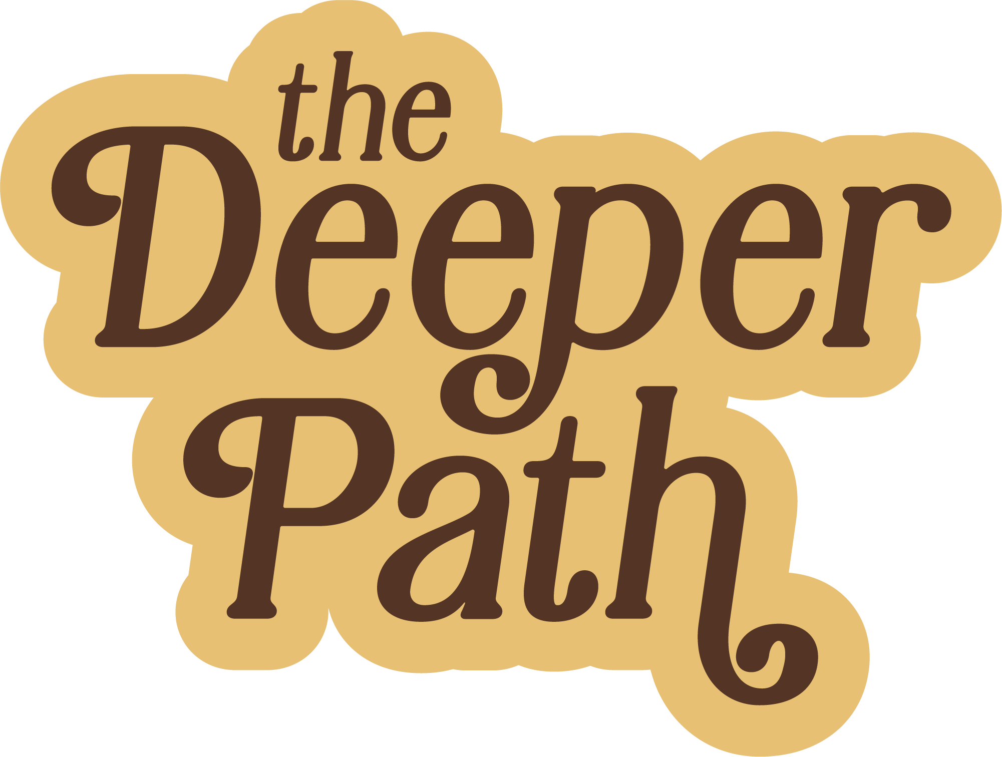 The logo for 'the Deeper Path' with text in dark brown on a beige cloud-shaped background.