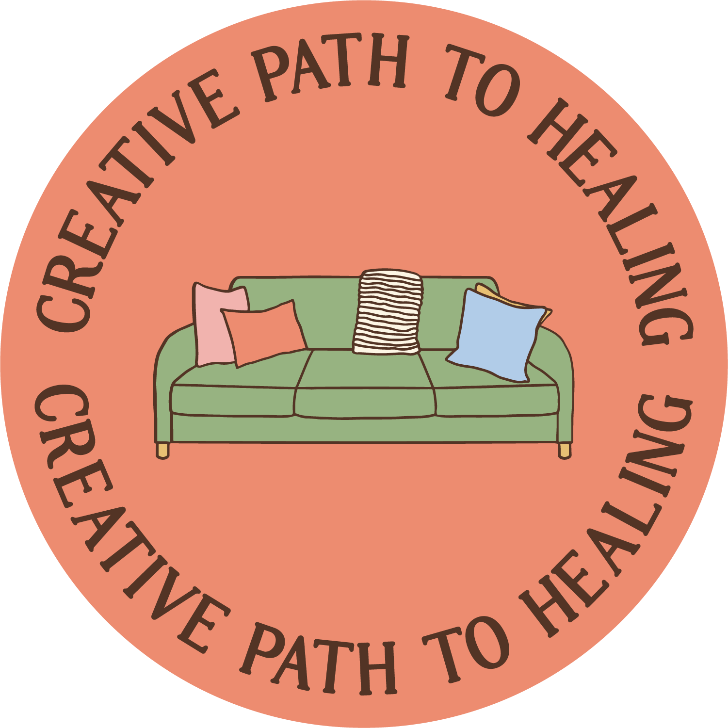 A round badge with a peach background and black text that reads 'CREATIVE PATH TO HEALING CREATE PATH TO HEALING.' In the center, there is a green sofa with several pillows in pink, orange, striped black and white, and blue.