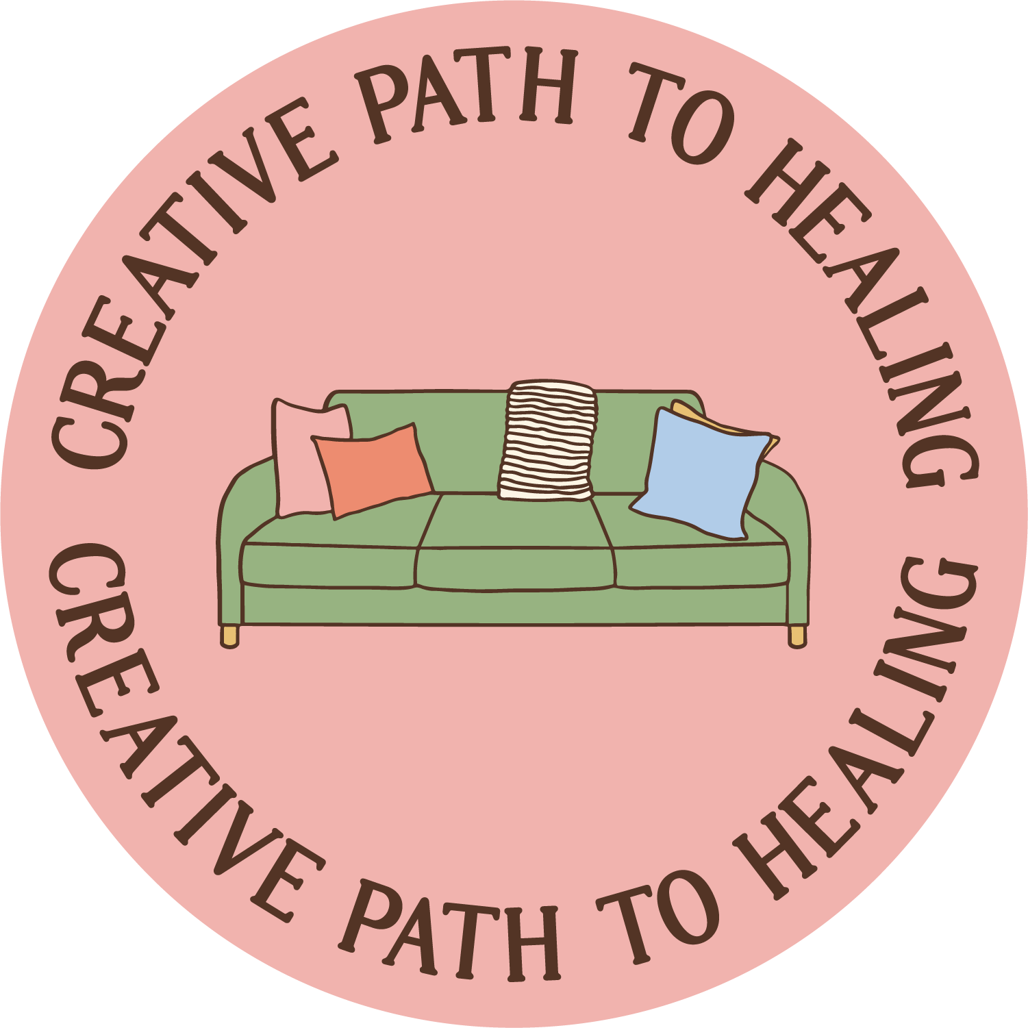 A pink circular badge with the text 'Creative Path to Healing' and 'Creative Path to Healing' around the edges. In the center, there is a simple drawing of a green sofa with four pillows in different colors and patterns.