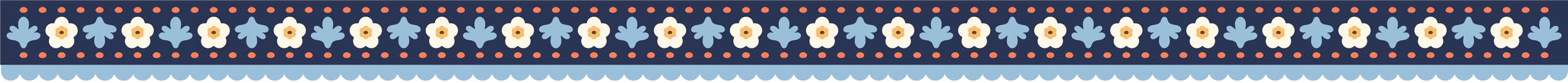 Pattern with white flowers, dark blue and light blue leaves, and small pink circles on a dark blue background.