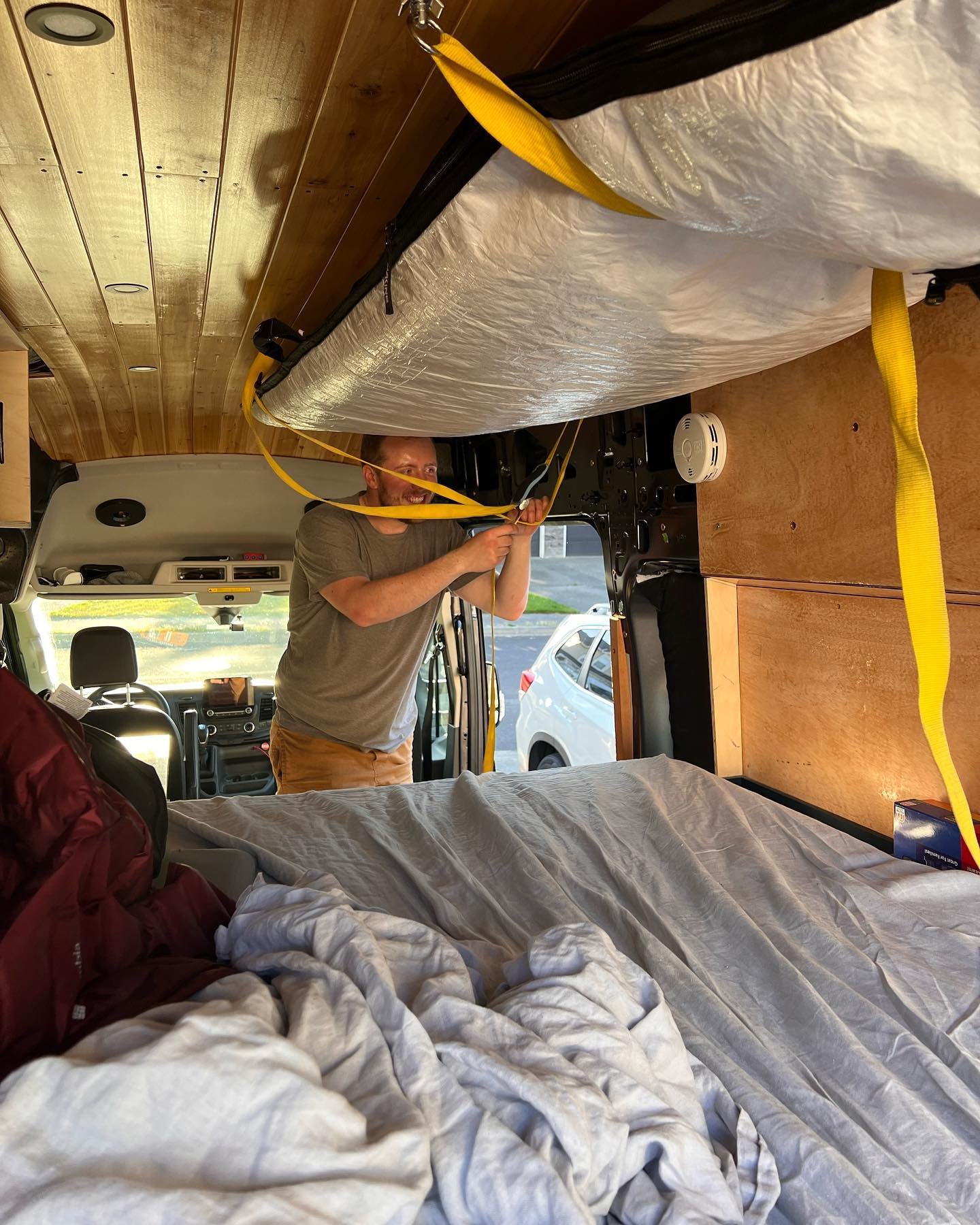 Sometimes you have to use your head! Hot day today but finished up the ceiling! Surfboard L track hooks are in and the last ceiling planks are installed. Next step: walls! Or water system. Maybe both?

.
.
.
#ford #transit #vanconversion #vanlife #va