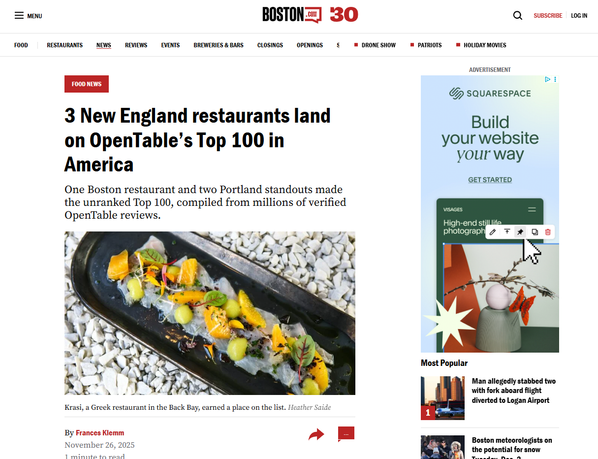 Boston.com: 3 New England restaurants land on OpenTable’s Top 100 in America