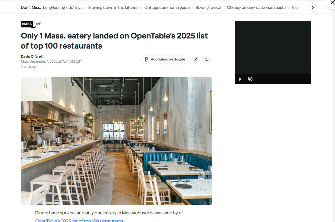 Yahoo: Only 1 Mass. eatery landed on OpenTable’s 2025 list of top 100 restaurants