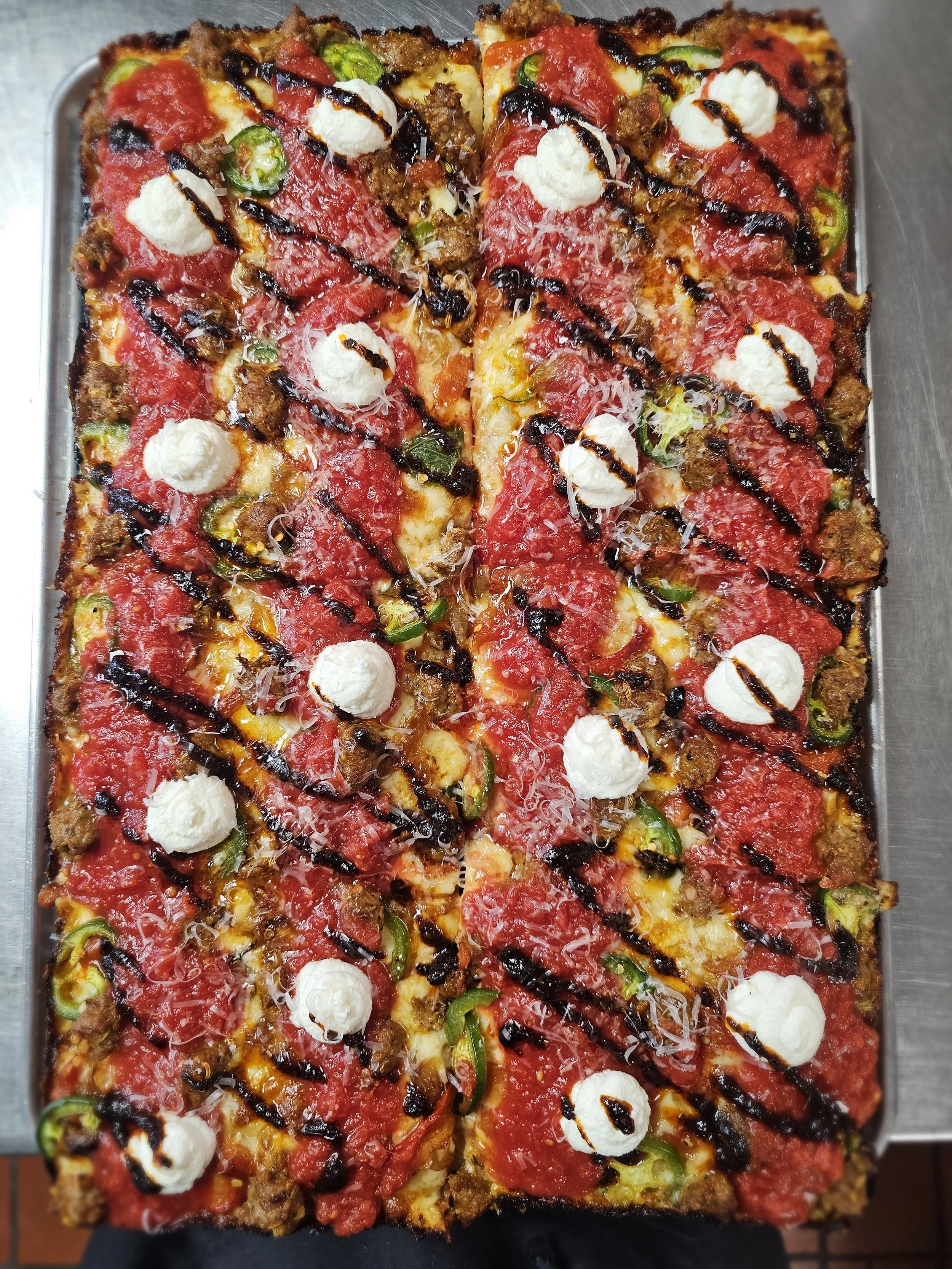sausage and peppers Detroit style pizza