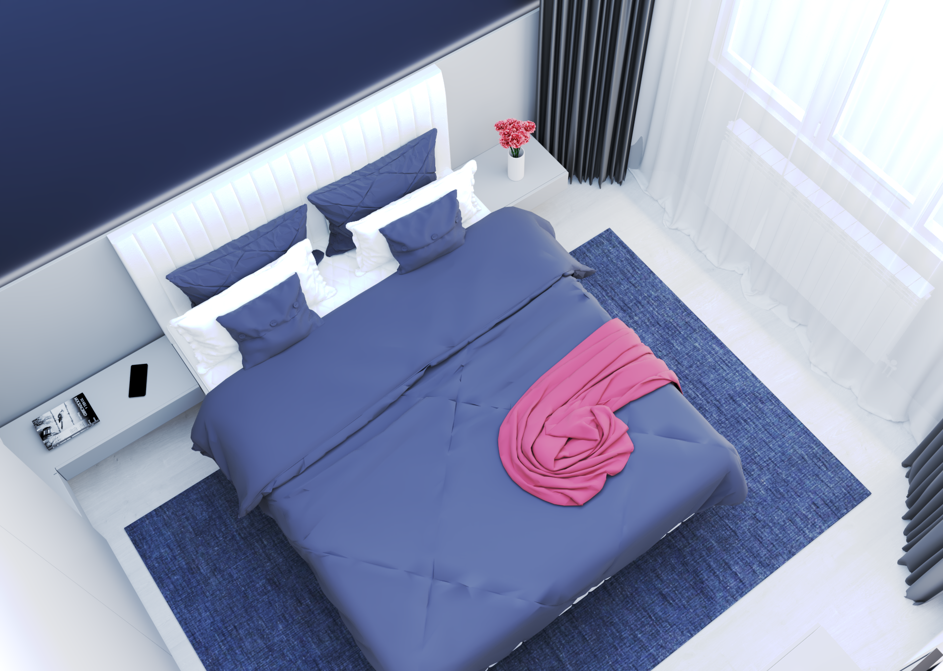 Спалня в сиво и синьо.