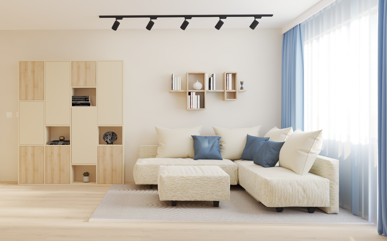 Модерна малка всекидневна в бежаво и светло дървесно с акцент синьо.