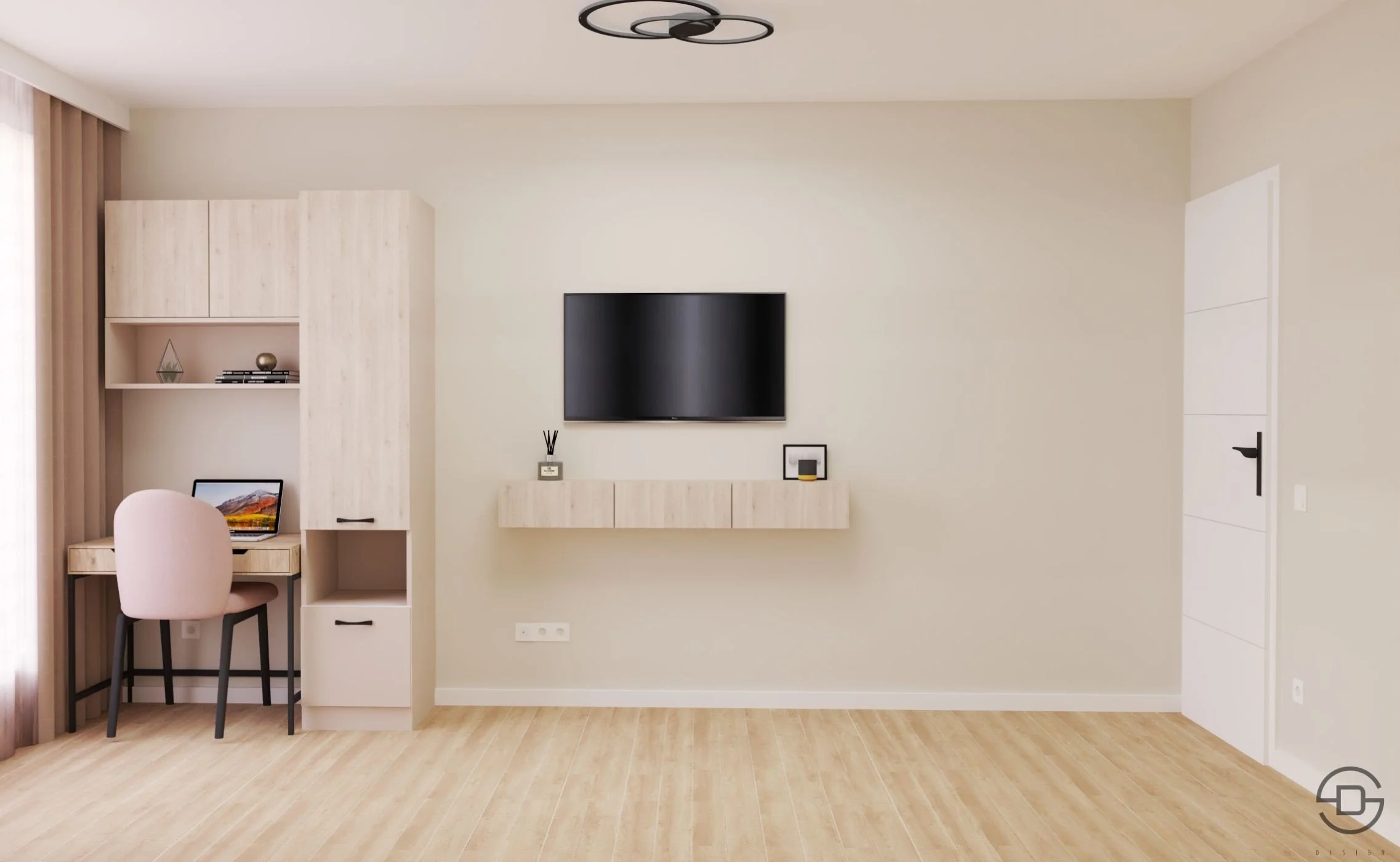 Малък работен кът и телевозир в спалня в бежово, кафяво и розово