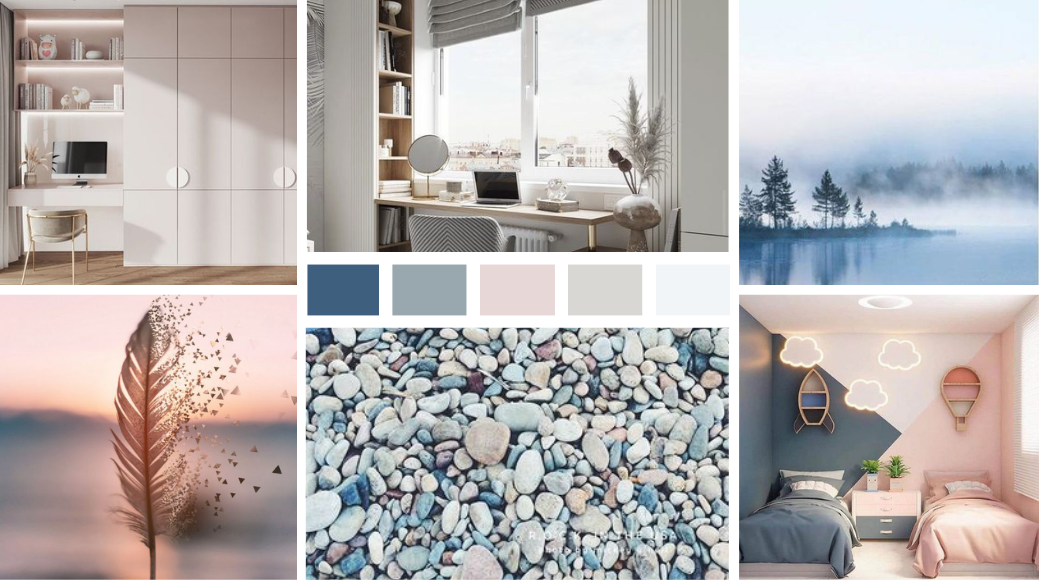 Колаж за интериорен дизайн на детска стая в розово и синьо.