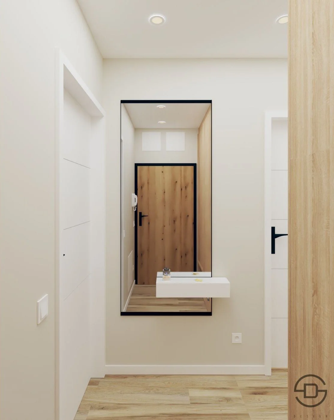 Голямо стенно огледало с асиметрично чекмедже за коридор в бежаво.