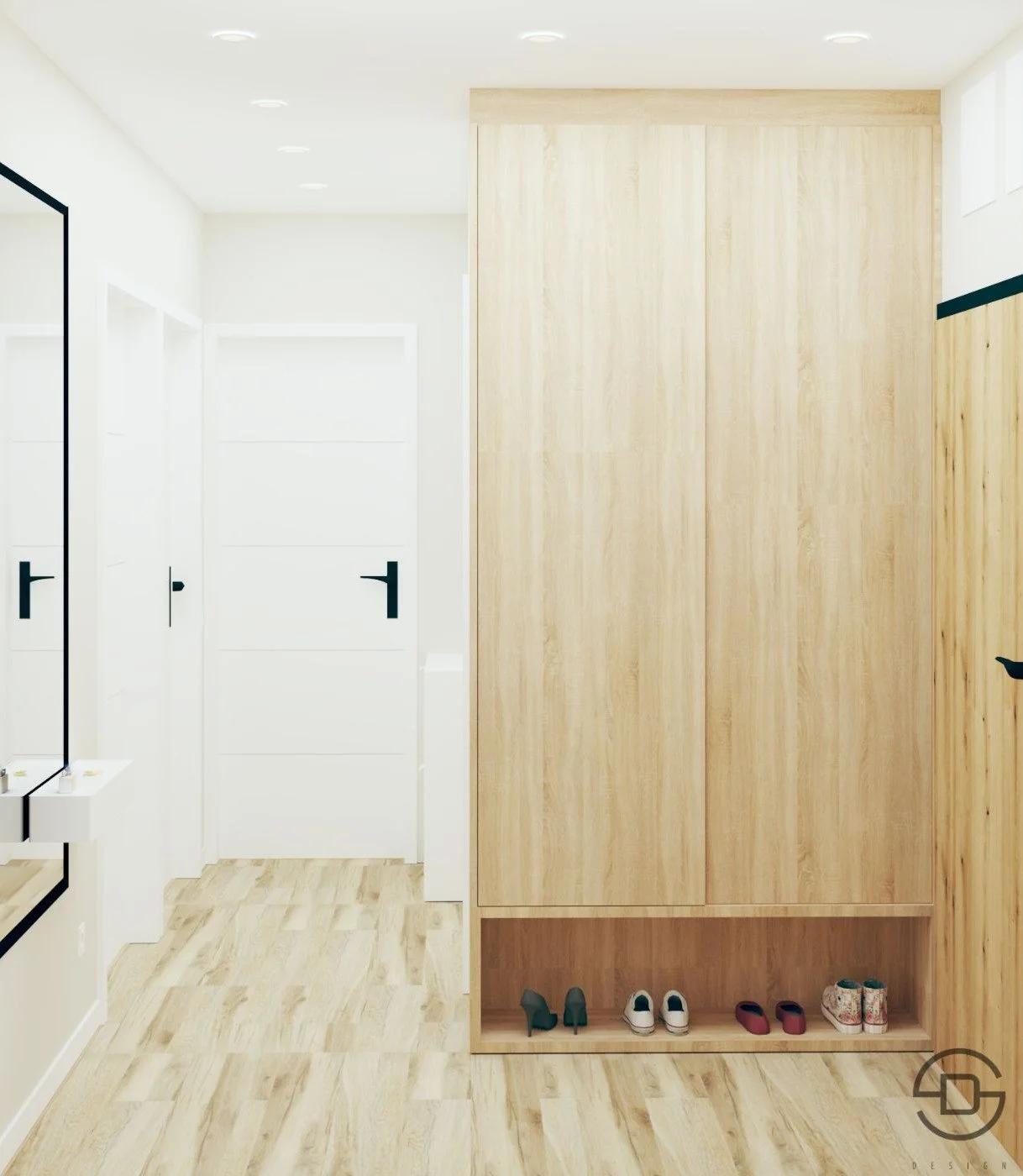 Гардероб по поръчка за коридор в светло дървесно с място за поставяне на обувки.