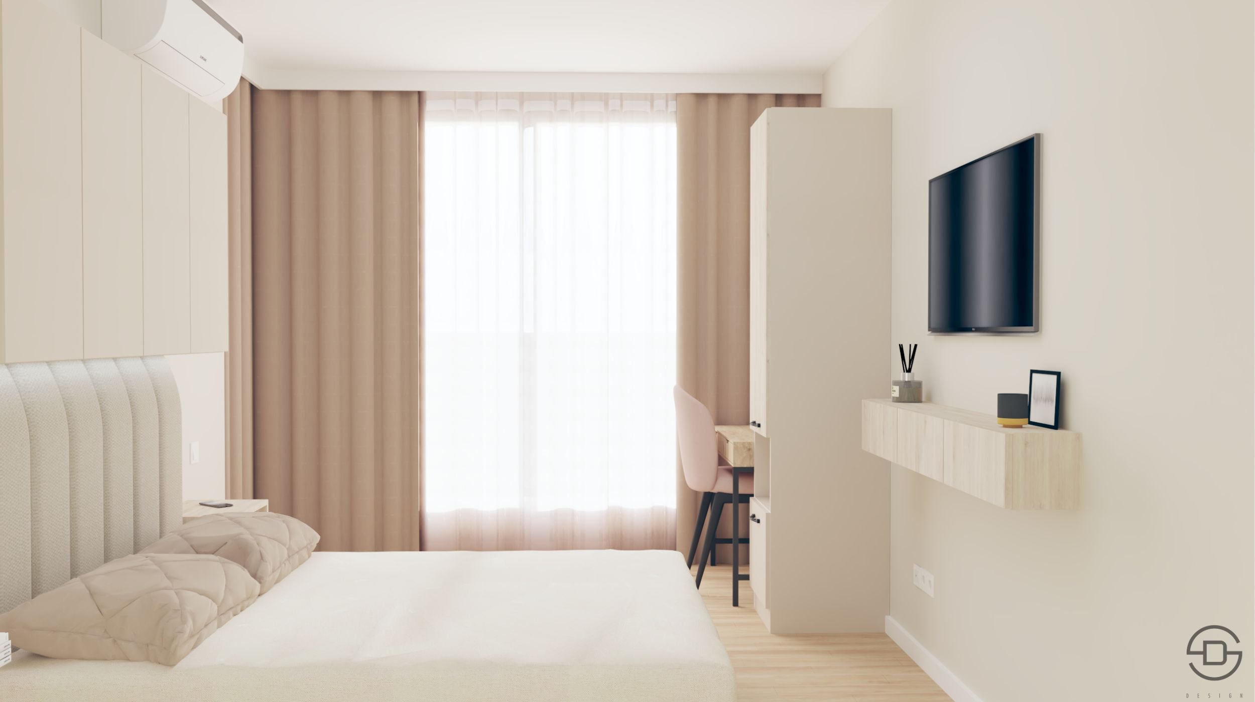 Малък работен кът и телевозир в спалня в бежово, кафяво и розово