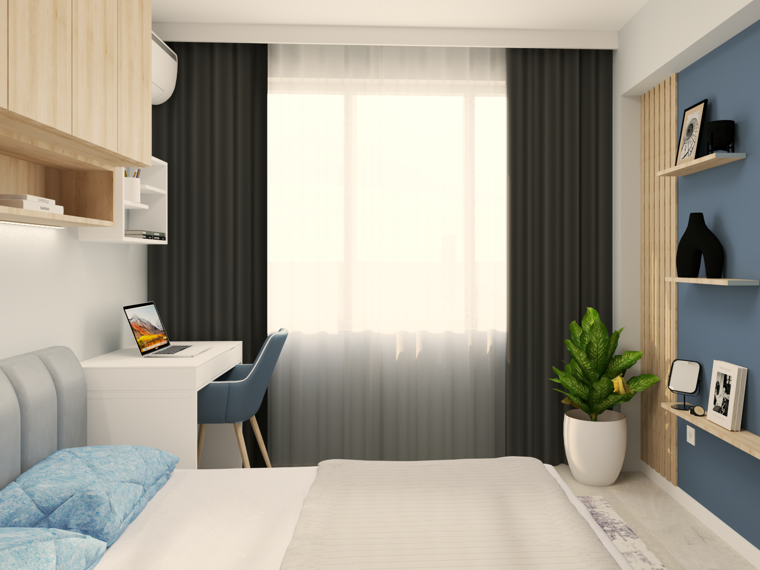 Спалня с тапицирано легло, гардероб Pax от Икеа и малък работен кът.